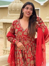 Women Cotton Anarkali Suit Set Red Floral Print Kota Doriya Dupatta Ethnic 3pc