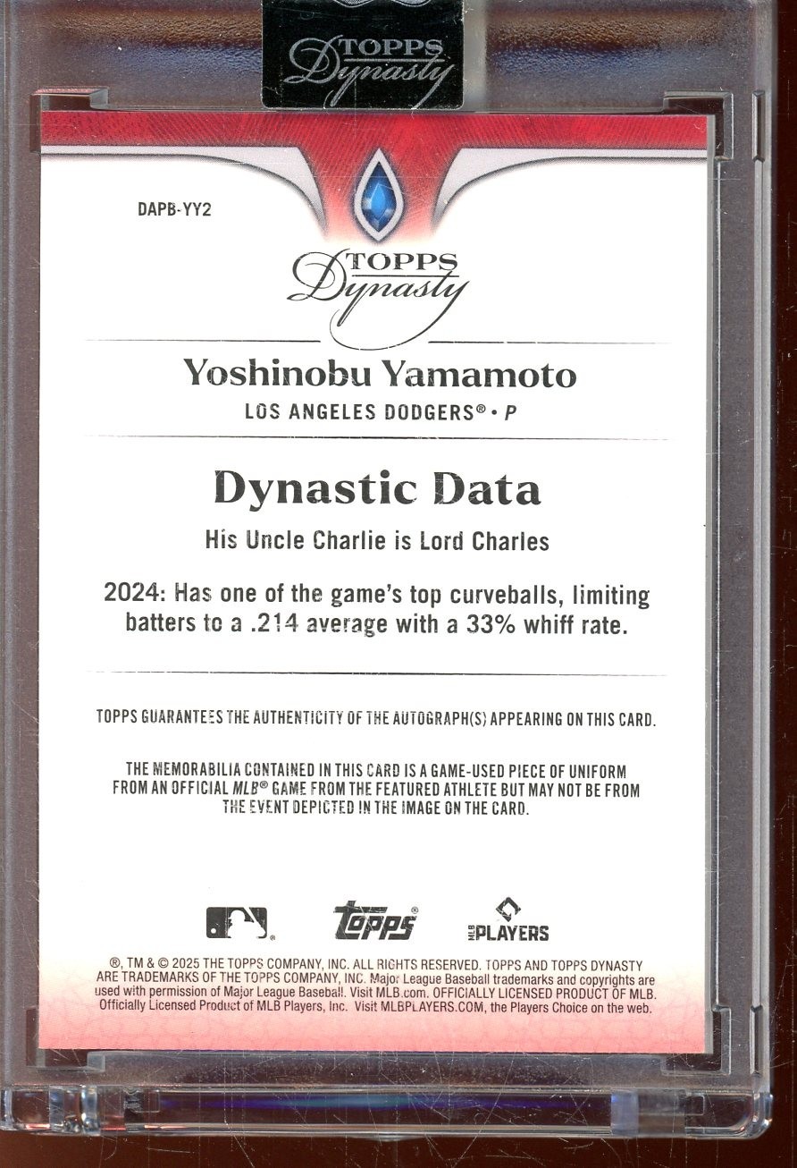 Yoshinobu Yamamoto 2025 Topps Dynasty 2 Clr Game Used Patch Jersey Auto (06/10) view 2