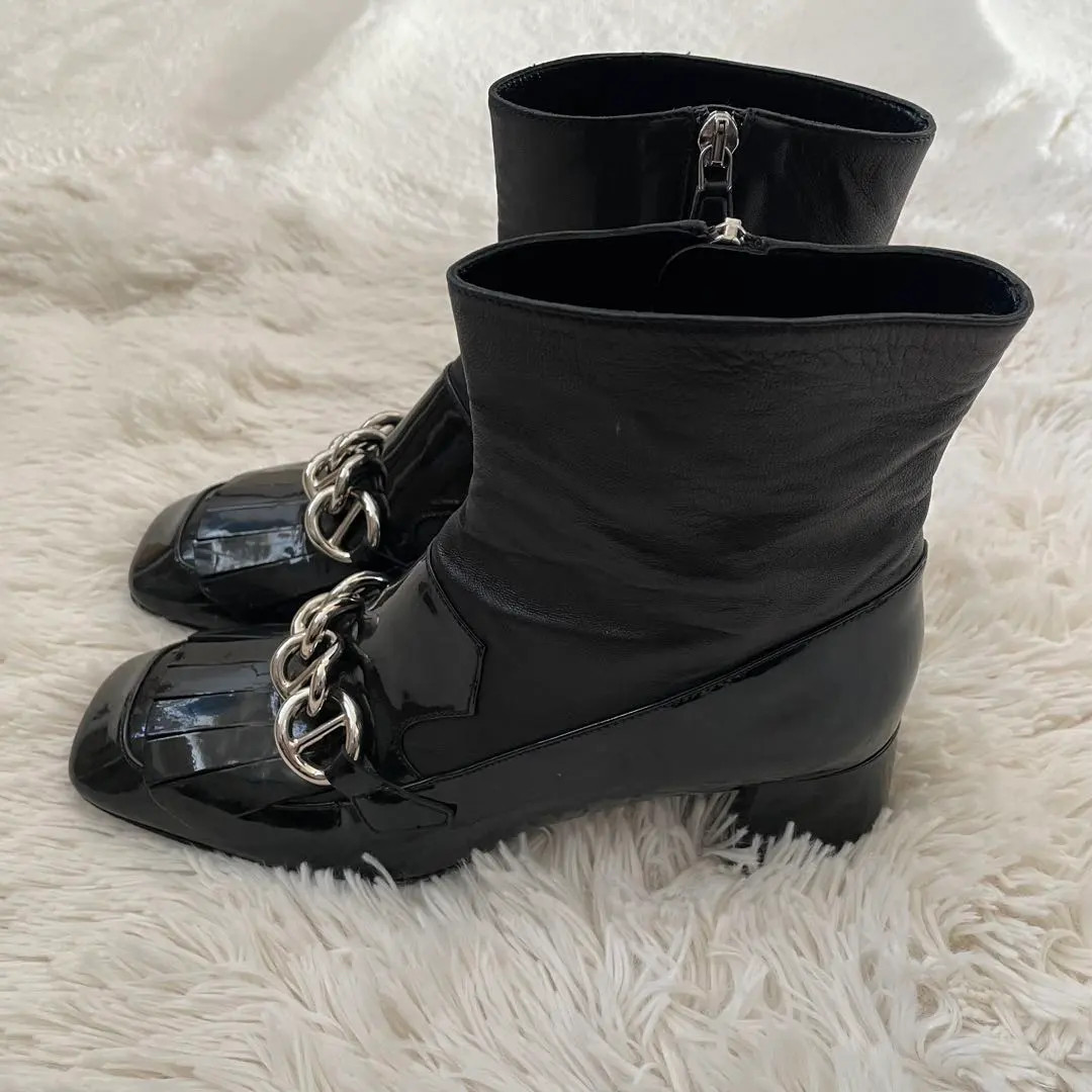PRADA Short Boots Shoes Chain EU 38.0 US 8.0 Leather Black Auth Excellent FS thumbnail 4