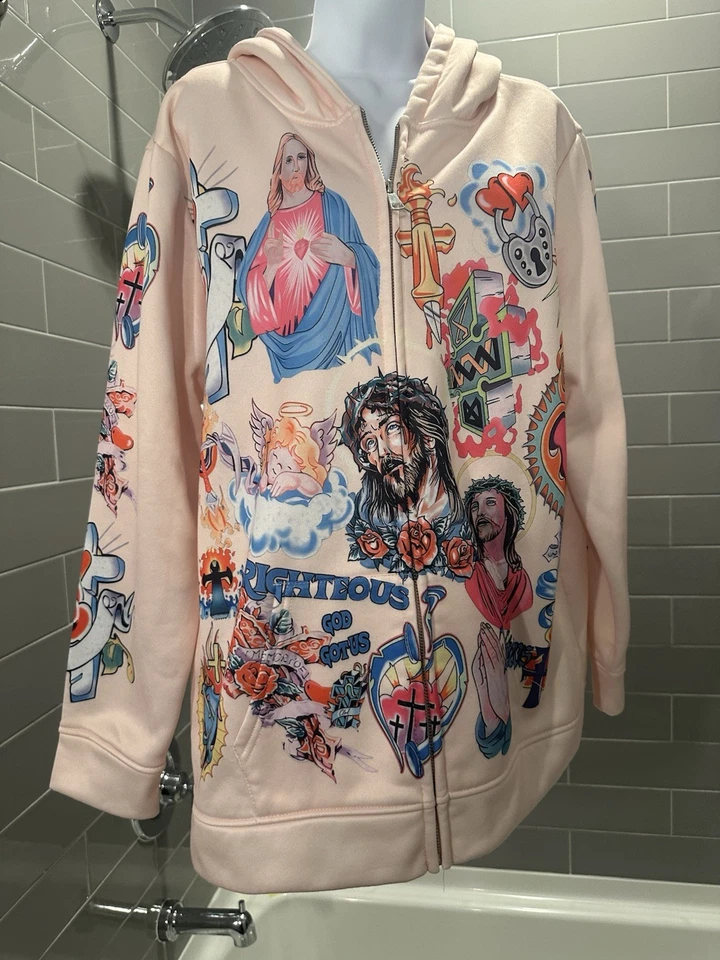Sudadera con Capucha Jesus Risen Righteous Christian con Cremallera Talla XL Rosa Streetwear Unisex Foto 2 de 4