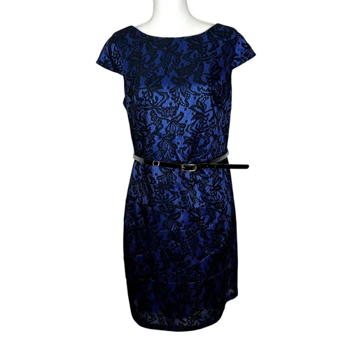 Abito midi Alyx blu con broccato nero pizzo maniche cappuccio cintura ecopelle taglia 12