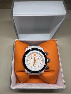 Glam Rock Quartz Chronograph Date White Rubber Strap Orange Dial Watch w/ Box