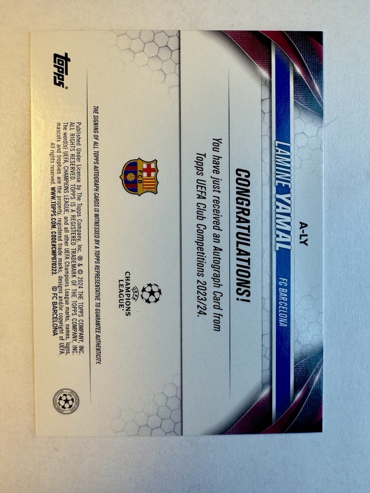 Topps 2023-24 UEFA Club Competitions Lamine Yamal FC Barcelona Auto RC #A-LY view 2