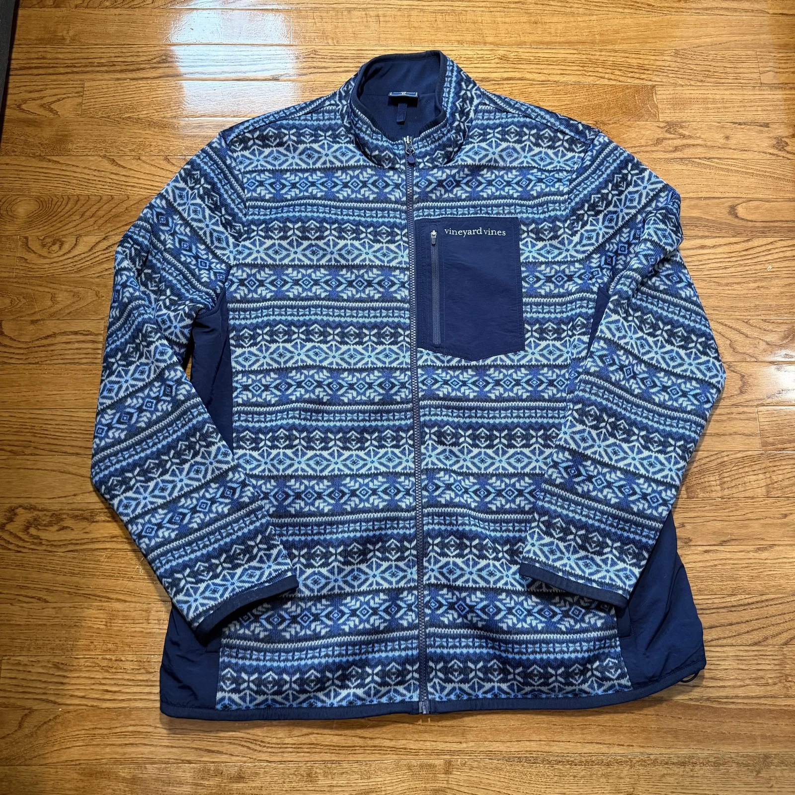 Vineyard Vines Jacket Mens XL Blue Fair Isle Fleece Full Zip Lined Thermal