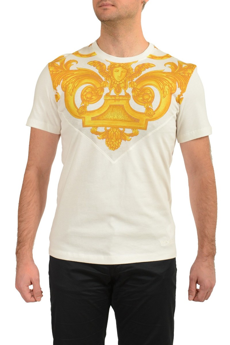 Versace Men's White & Gold Heritage Logo Print Short Sleeve T