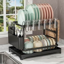 Two-Tier Dish Drying Rack for Kitchen Counter, Stainless Steel Dish Rack with Dr