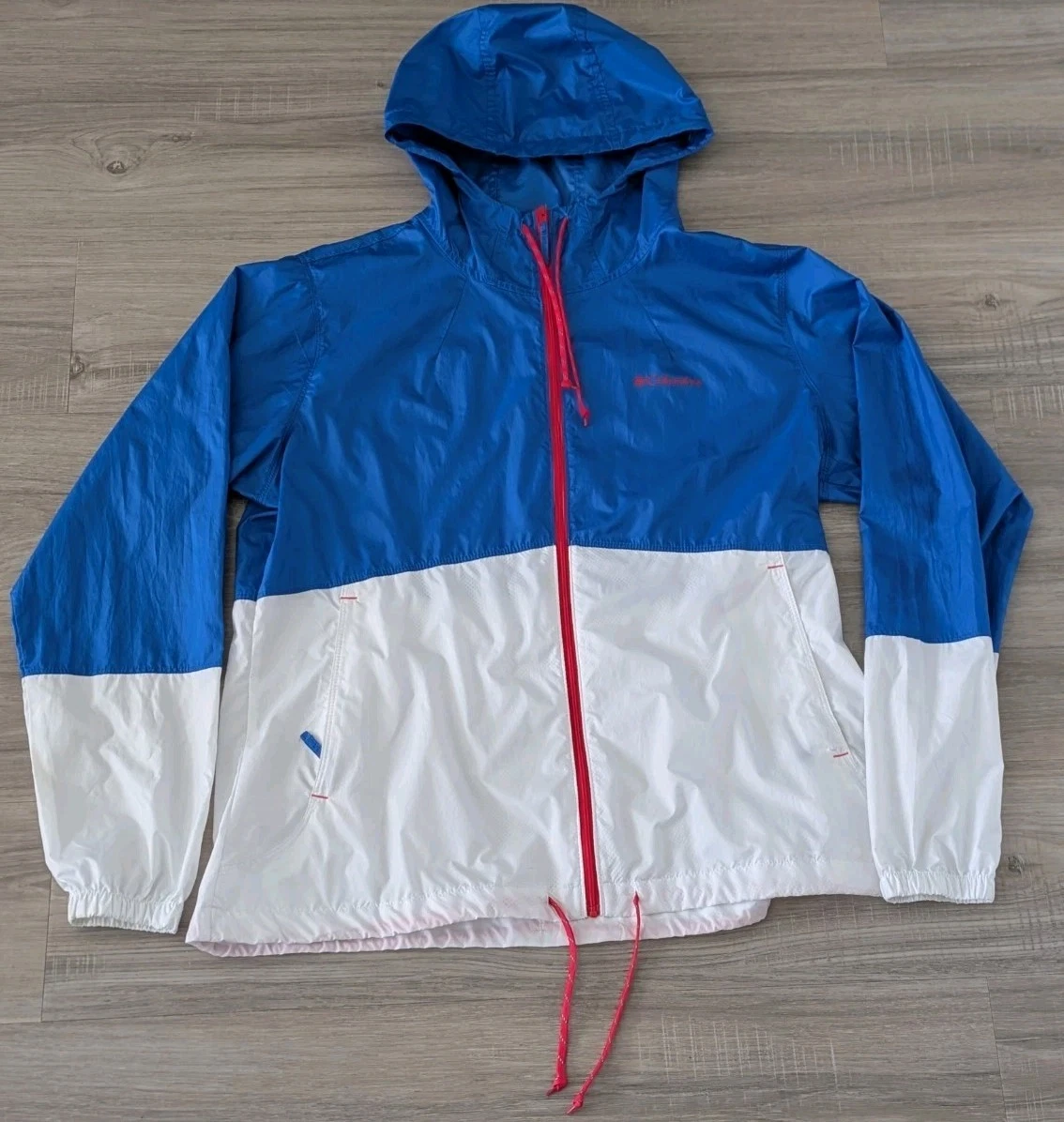 Columbia Rain Jacket Mens XL 2 Tone Color block Light Windbreaker Blue/White/Red