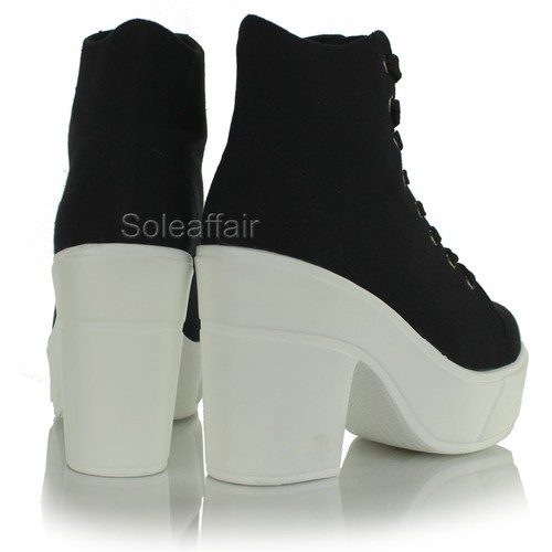 Ladies Womens High Heel Platform Lace Up Canvas Ankle Chelsea Hi Top Boots Shoes - Picture 4 of 27