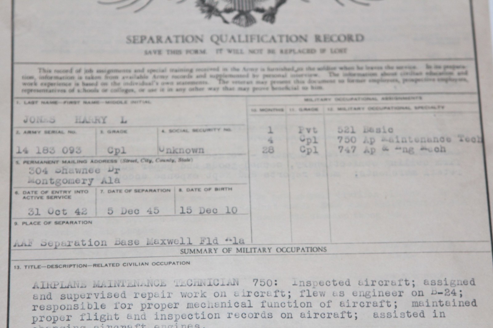 WWII Army Air Force Service Records, Honorable Discharge, Pics, Patch