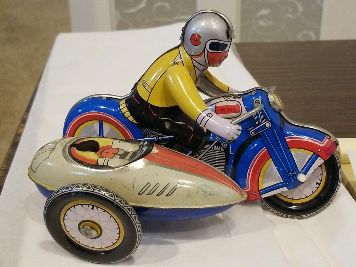 Vintage Tin Motorcycle with Sidecar Wind up Toy By BSH #709 / 605 Made in China Vintage Tin Motorcycle with Sidecar Wind up Toy By BSH #709 / 605 Made in China