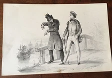 c1860 -  Comic lithograph  - on a bridge