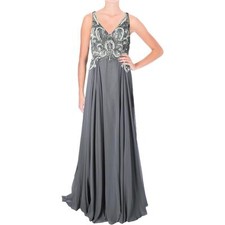 JOVANI ~ Gray Chiffon Embellished Bodice Sleeveless Formal Train Gown 0 NEW $500