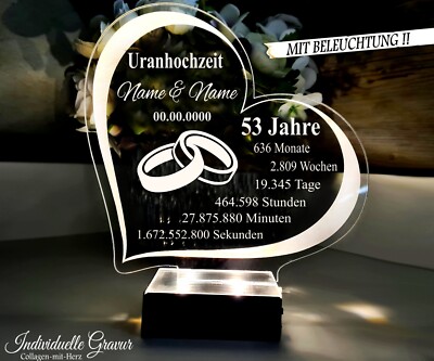 Geschenk  Uranhochzeit 53 Jahre Hochzeitstag Gravur BELEUCHTET LED