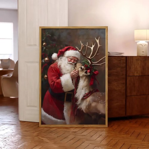 Santa and Reindeer Christmas Print Poster, Vintage Festive Holiday Art Decor - 第 1/1 張圖片