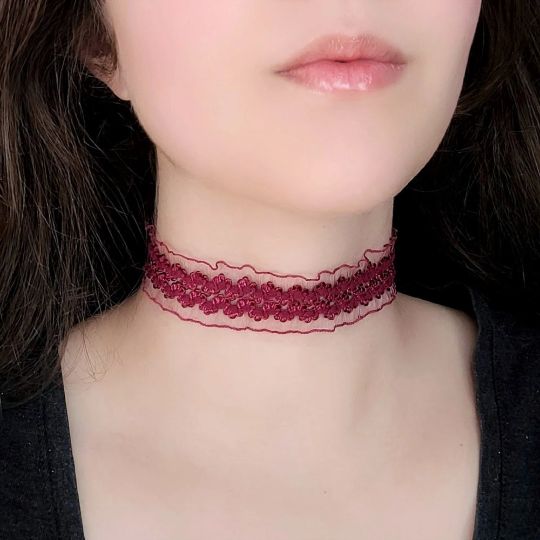 Burgundy Red Lace Choker Wide Ruffle Gothic Victorian Necklace Goth Jewelry