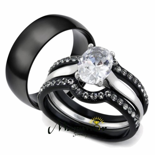 Hers & His 4pc Black Stainless Steel Wedding Engagement Ring & Classic Band Set - 第 1/8 張圖片