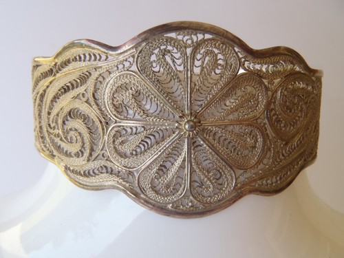 Vintage 925 Sterling Silver Floral Filigree Cuff Bracelet - Picture 2 of 13