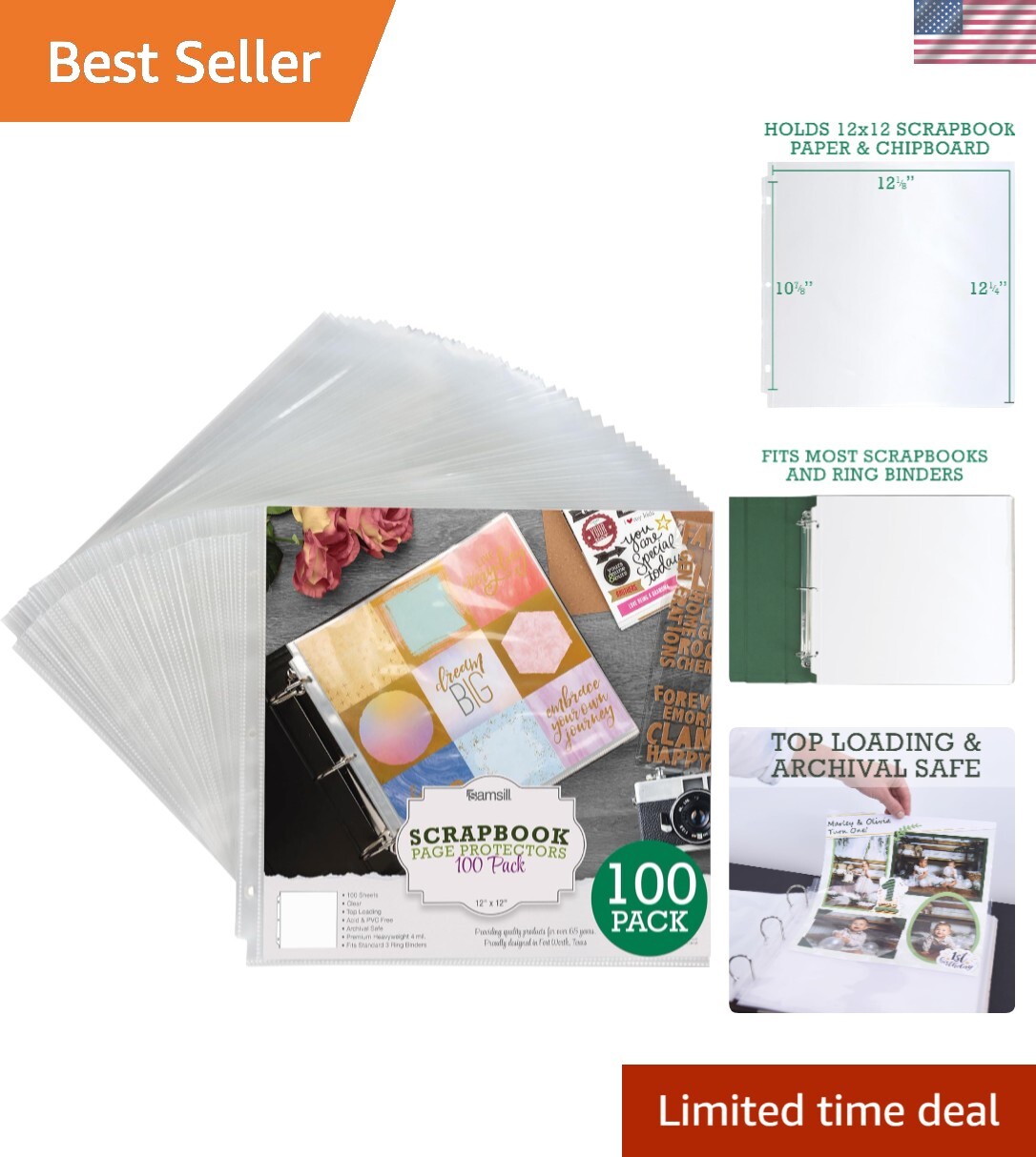 Scrapbook Refill Pages 12x12 Inch, 100 Pack, Fits 3 Ring Scrapbook Binders an...