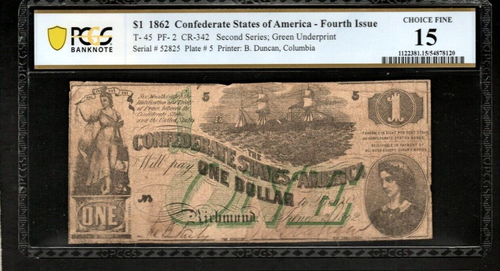 T-45 $1 1862 Confederate States Currency Civil War Banknote , PCGS 15 - AA20