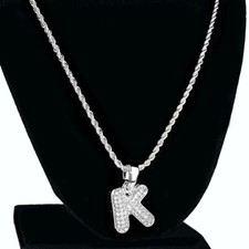 Micro Letter K Rope Chain Silver Tone Iced Initial Simulated CZ Necklace 24"