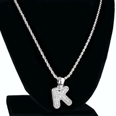 Micro Letter K Rope Chain Silver Tone Iced Initial Simulated CZ