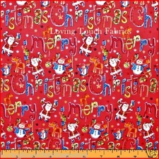 FABRI-QUILT MERRY CHRISTMAS WORDS SANTA SNOWMAN FABRIC 1/2 YD