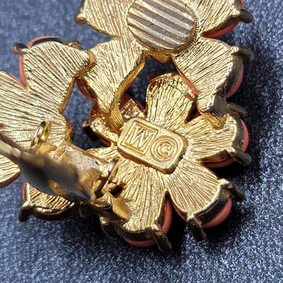 Vintage Clip on Earrings Gold tone Coral tone Flower Rhinestone 1.25