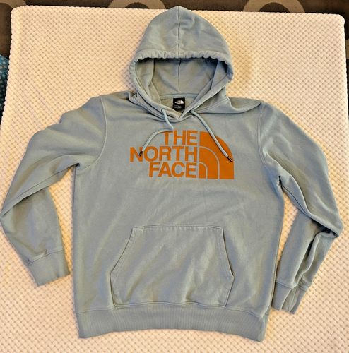 The North Face Mens M Hoodie Sweatshirt Blue Orange accent Front LOGO