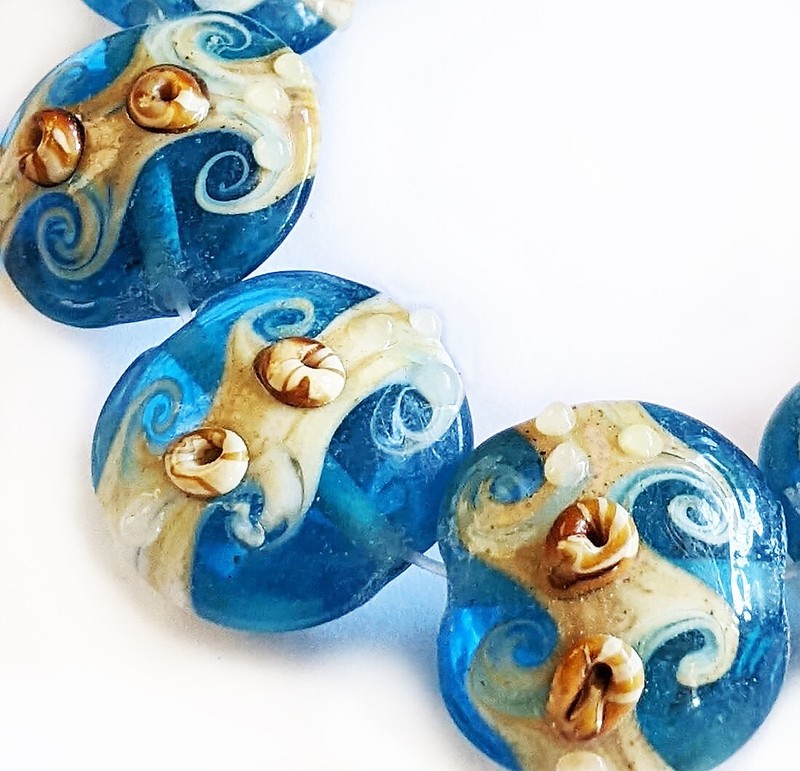 Handmade Lampwork Glass Beads Blue Color 19mm Lentil Shape 4 Beads (#a6)
