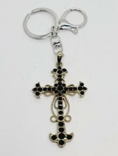 Religious Cross Key Chain Purse FOB Silver tone 5"   Filigree Black Crystal