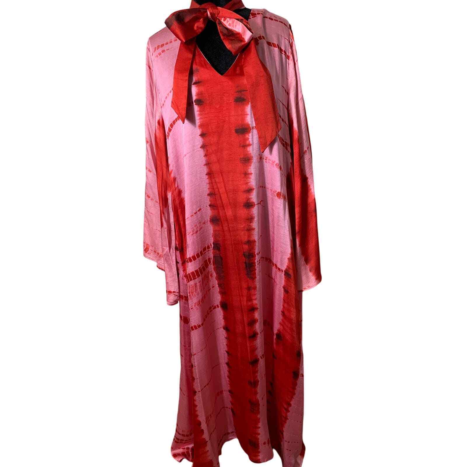 Carolina K Pink Red Dyed Tie Neck Kimono Maxi Dress Sz L