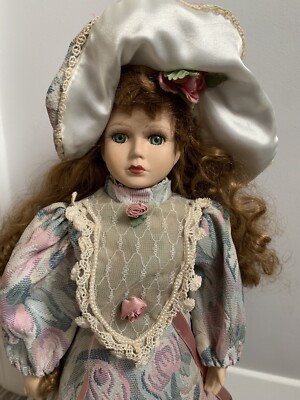 Porcelain China Doll 17” Redhead Floral Dress, bonnet hat doll