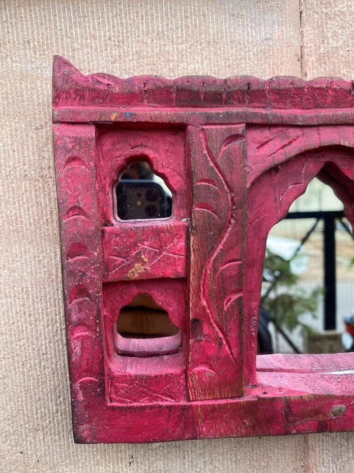 Antiguo marco de pared espejo diseño castillo arco pintado rosa tallado a mano tallado a mano  Foto 3 de 4