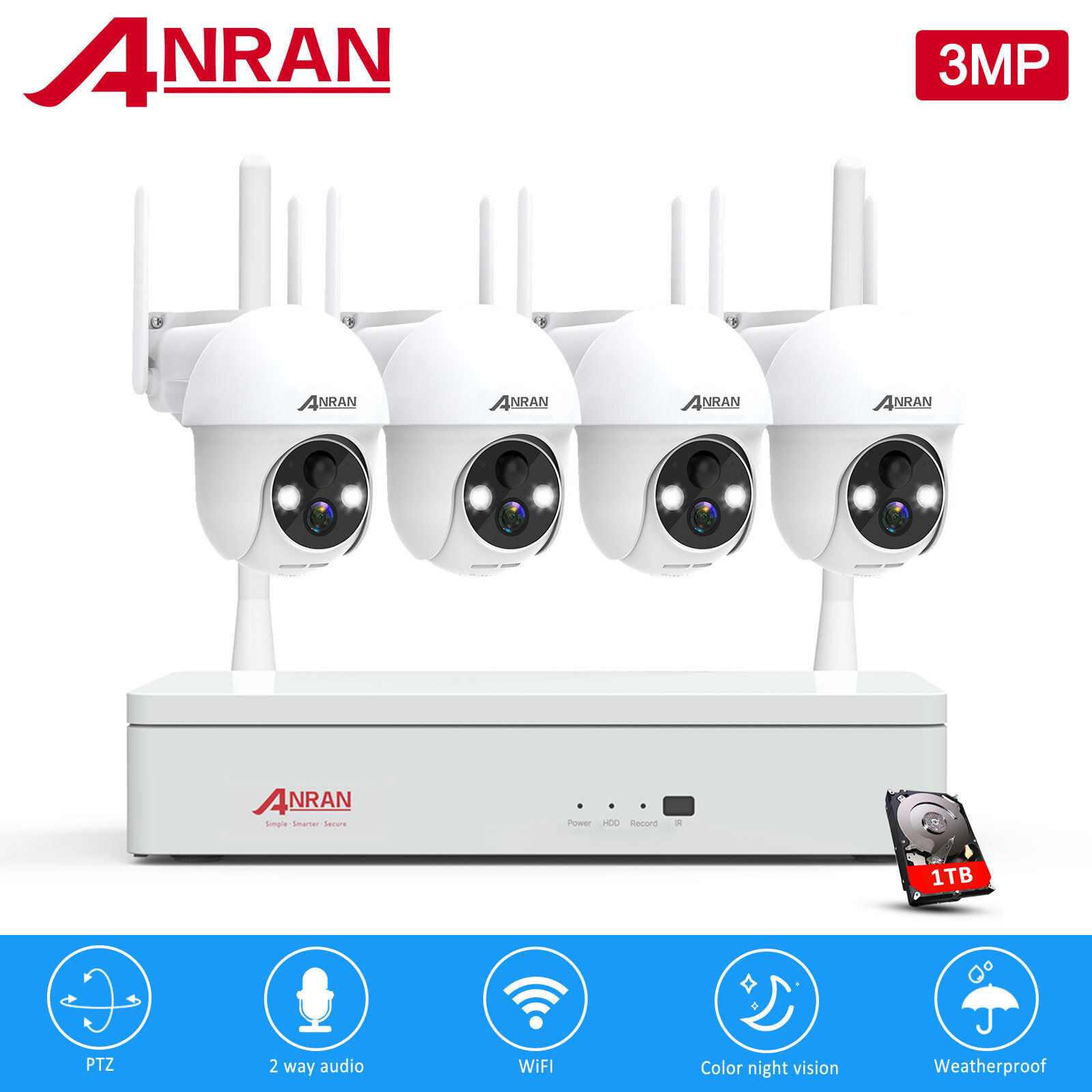 Security Camera System 360° PTZ Wifi Wirelees Battery 2K Outdoor 2 Way Audio 1TB-image