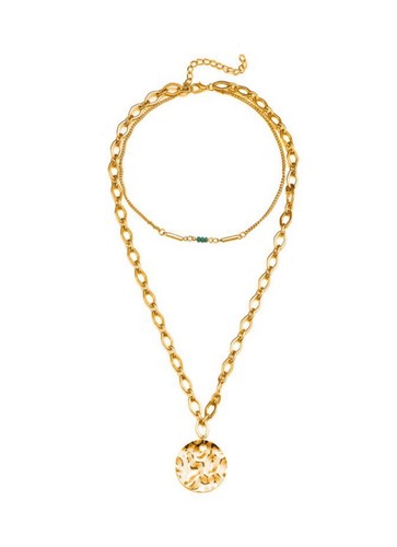 Women Double Chain Gold Round Pendant Necklace - Picture 4 of 5