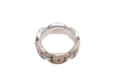 CHANEL Ring Beige CC Logo Row Silver Metal Band EU 52 / US 6