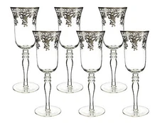 Ornate Silver Rimmed Crystal Champagne Flute Glass Set of 6pcs
