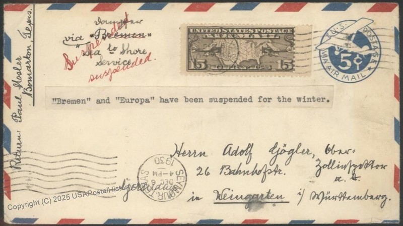 USA 1930 Bremen Europa Schleuderflug Catapult Cover Flights K58 Suspended 116169