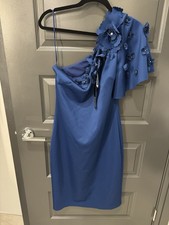 Badgley Mischka Blue Embroidered Crystal Embellished One Shoulder Dress BNWT 10