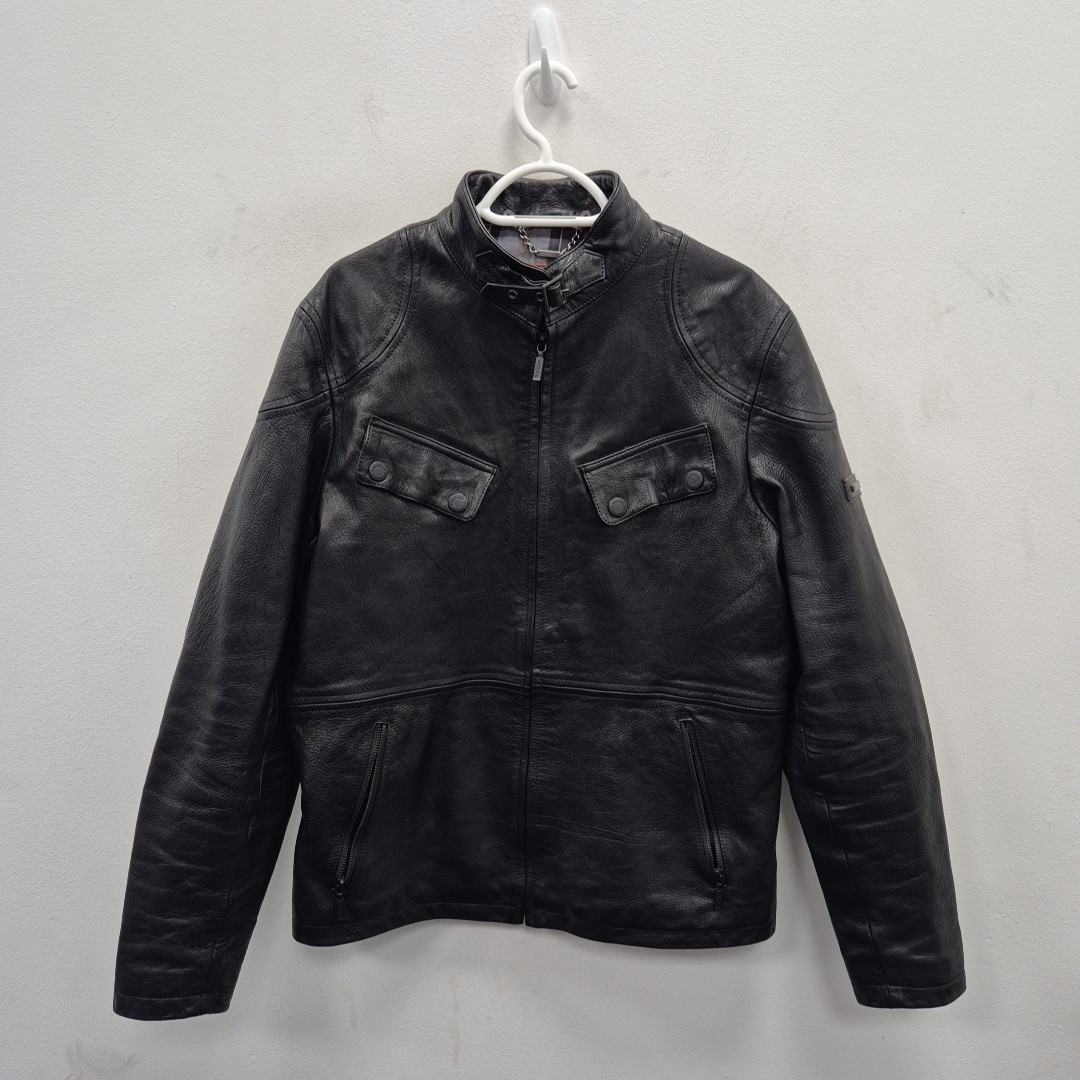 Barbour Arielston Black Leather Cafe Racing Biker Motorcycle Jacket Size Large