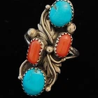 Vintage Native American Sterling 925 Signed LH Turquoise & Coral Ring Size 8
