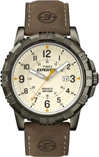 Timex Expedition Rugged Metal Watch Brown Leather Strap Indiglo 50M Water Resist