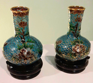 Chinese Cloisonné Pair Miniature Floral Blue Vases w/ Stands in Original Box