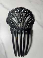 Vintage Art Deco Black Celluloid Mourning Rhinestone Hair comb Antique 5 Prong