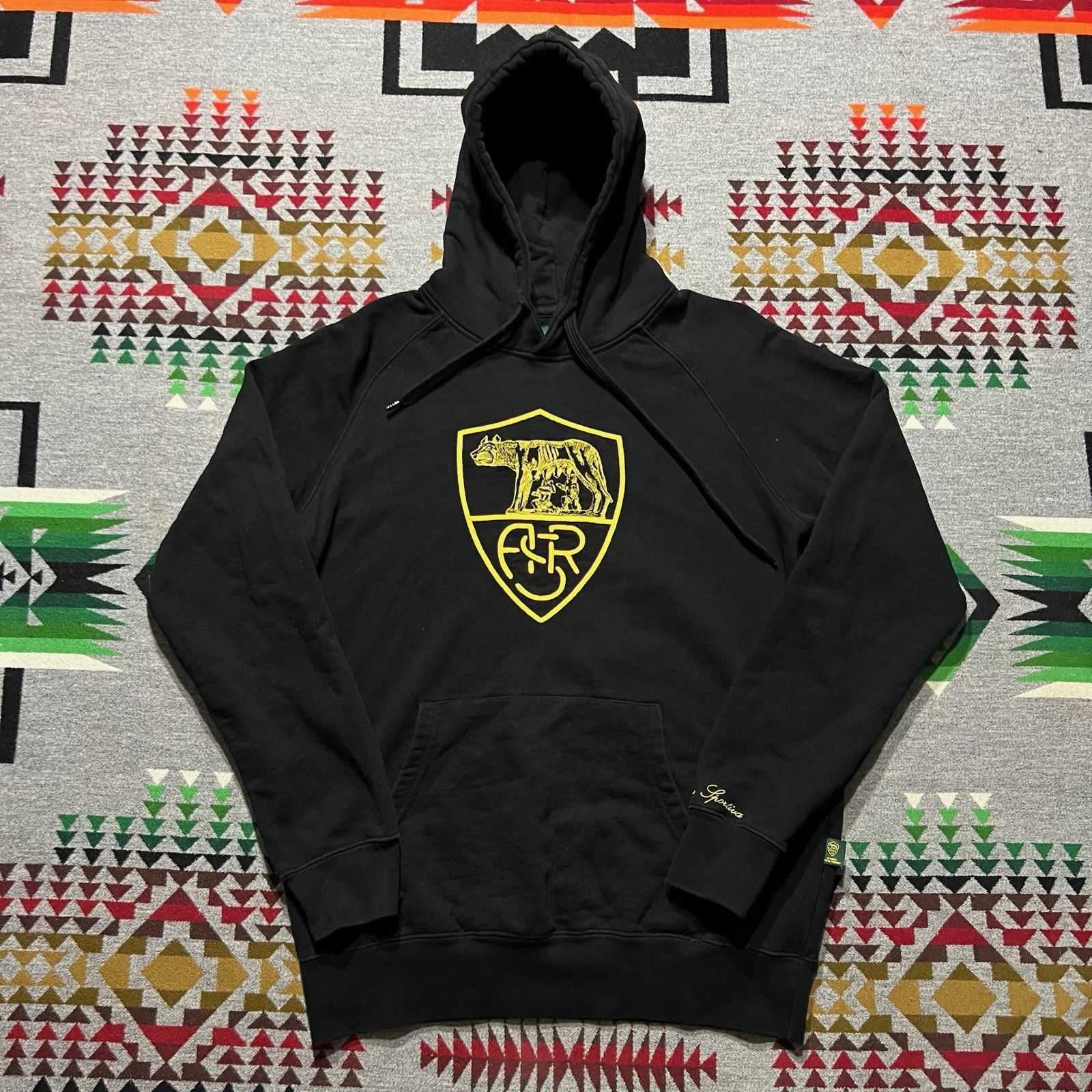 AS Roma Italian Hoodie Mens Medium Black Embroidered Pullover Sweatshirt Logo D6