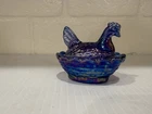 Degenhart Miniature 2.25 Inch Cobalt Carnival Glass Hen on Nest