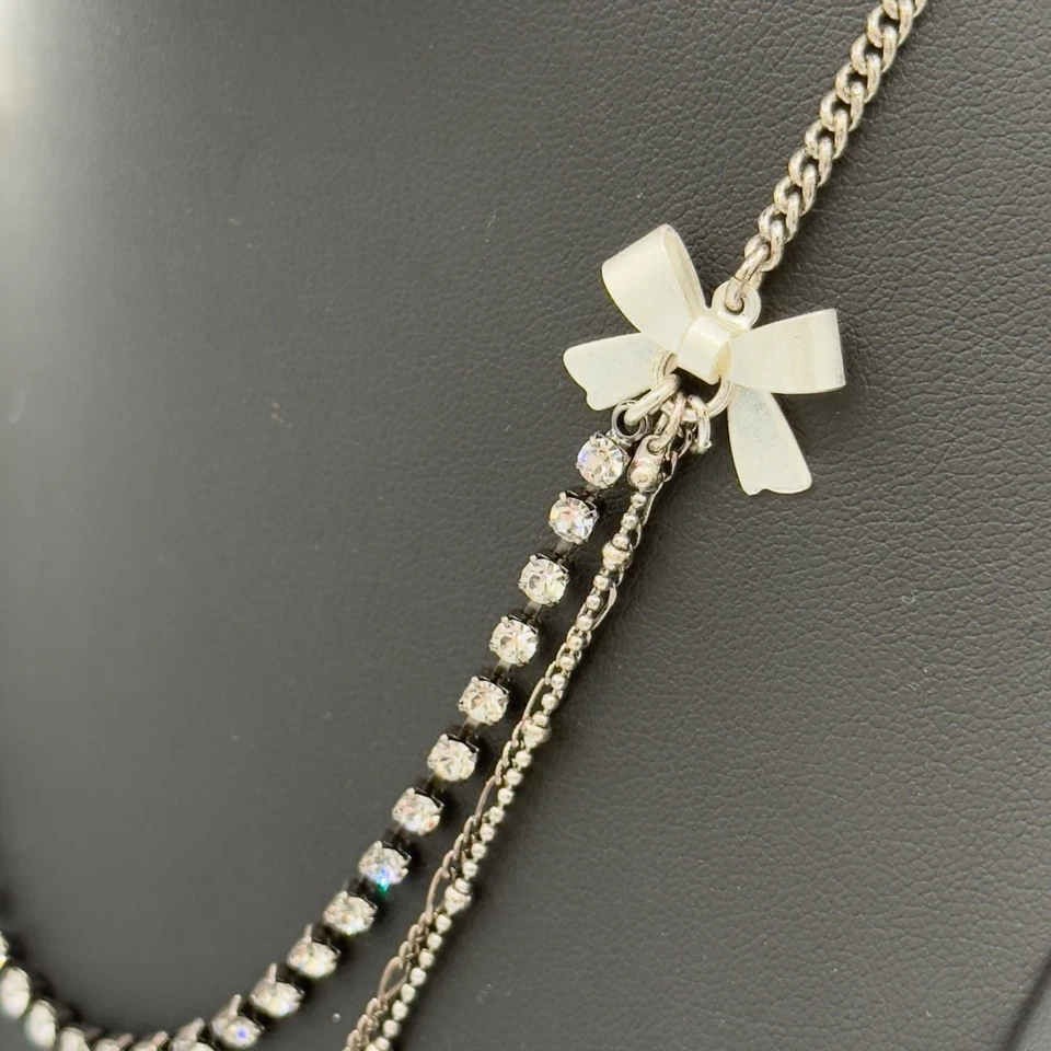 Betsey Johnson Layered Necklace Key Heart Pendants Rhinestones Bow Accents - Image 4 of 4