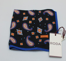 Roda NWT Wool Pocket Square In Black w/ Orange, Blue  White Paisley Geometric