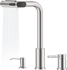 Brushed Nickel 3-Hole Kitchen Faucet with Soap Dispenser Swivel Spout