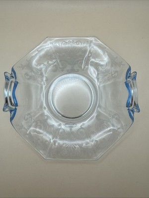 Fostoria Versaille Blue Glass Etched Handle Folded 6  X 6.5  Bon Bon Candy Dish